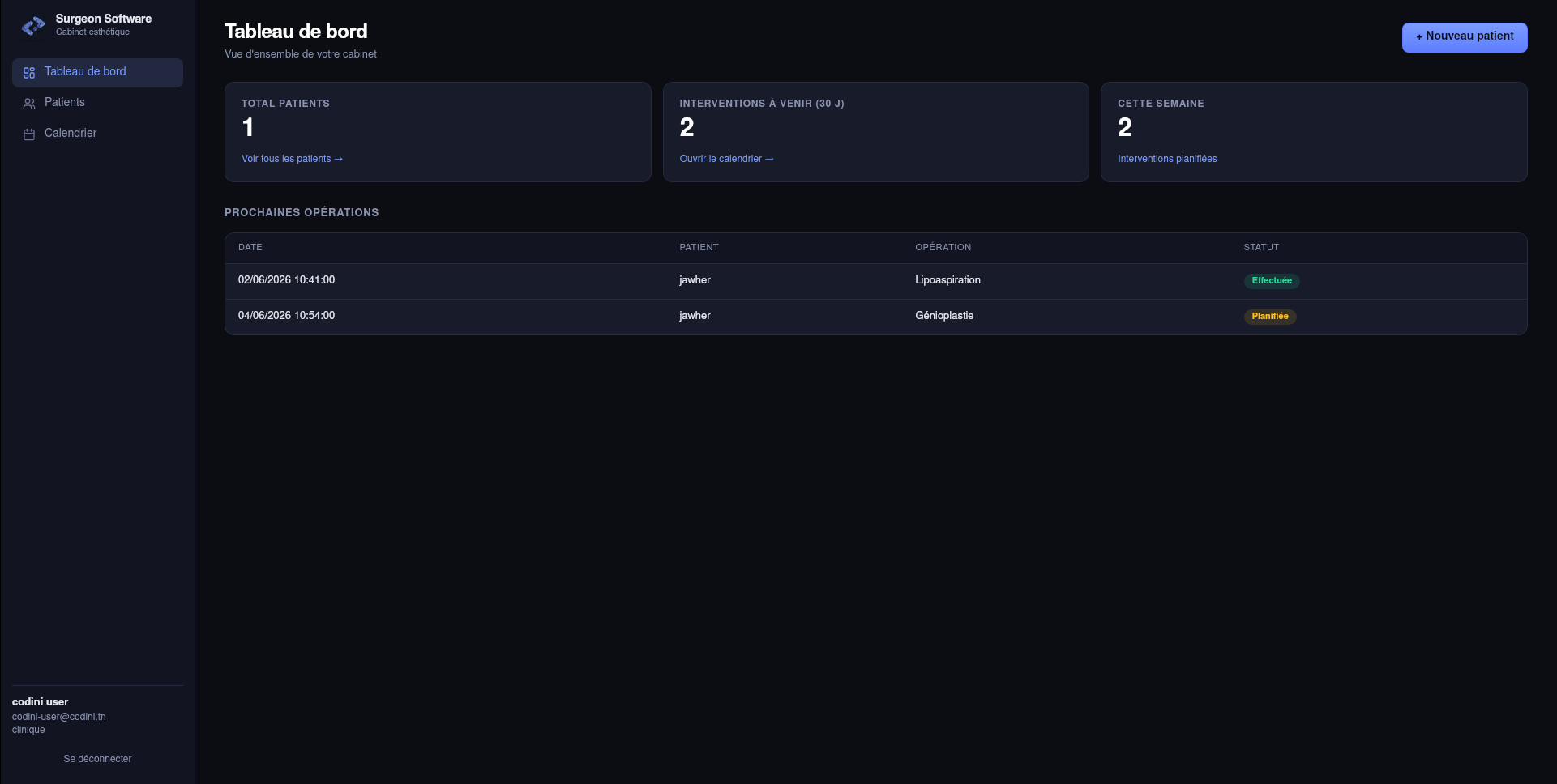 Logiciel Chirurgien - Tableau de bord